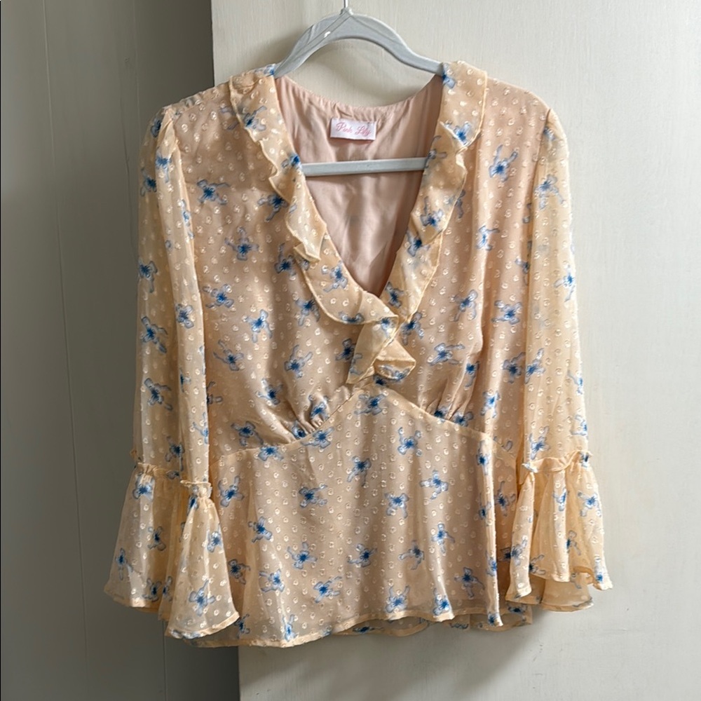 Pink Lily Peplum Blouse with Flutter Sleeves